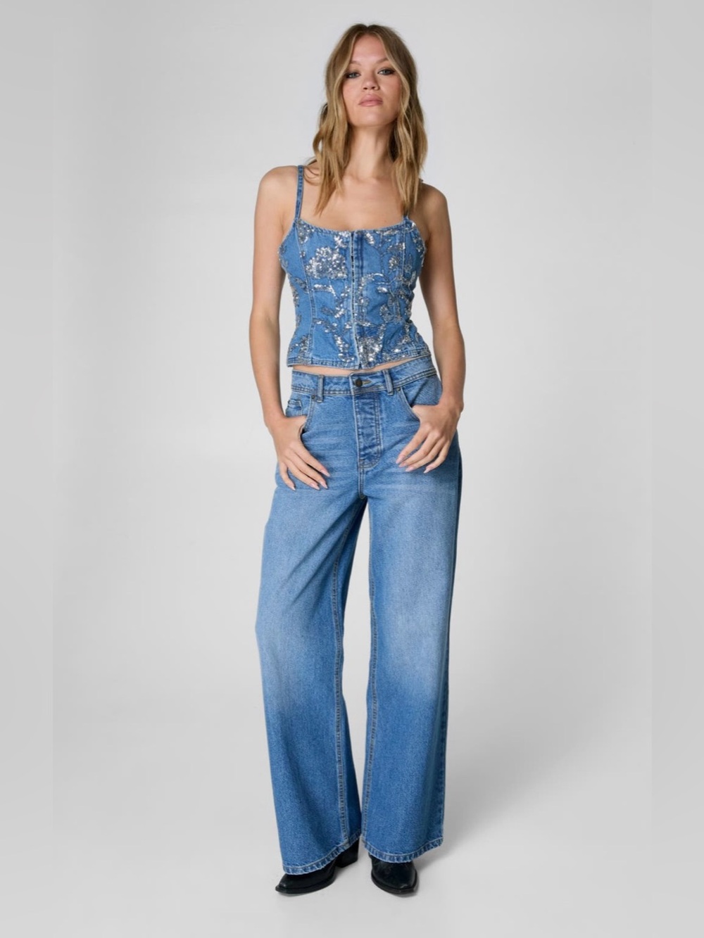 Nasty Gal Floral Sequin Denim Corset Camisole in Authentic Denim - Picture 7 of 8